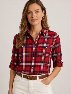 Lauren Ralph Lauren Plaid Flannel Shirt Women’s 2X Red Navy Cotton Button Up